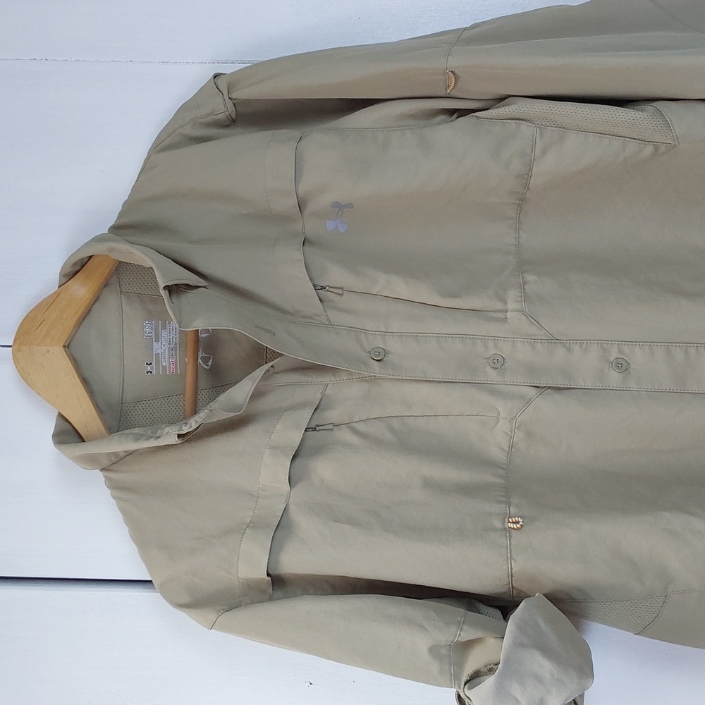 Under Armour|Tan HeatGear Vented Zip Pockets Performance Shirt Hiking Fishing L